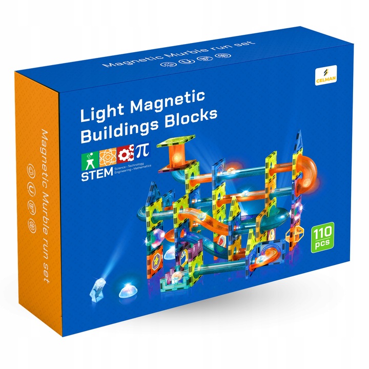 Klocki Magnetyczne Święcący Tor Kulkowy 110 Elementów Kulodrom Zestaw