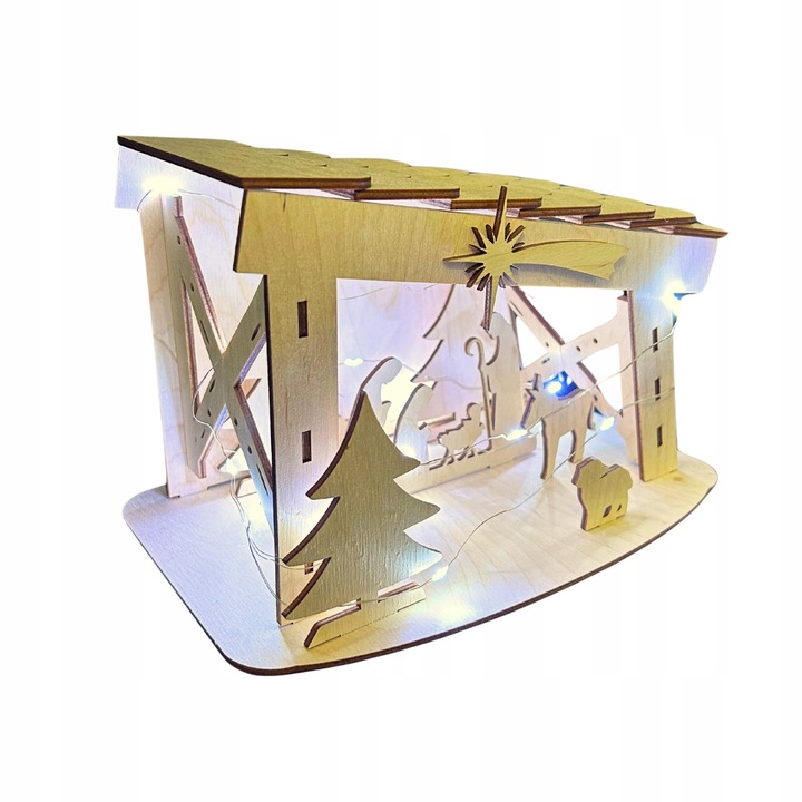 ŚWIĄTECZNA SZOPKA Z DREWNA BETLEJEM STAJENKA Z LAMPKAMI STOJĄCA OZDOBA 22CM