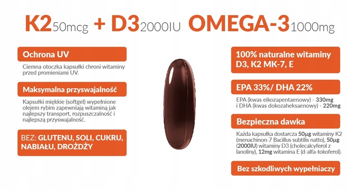 WITAMINA K2 MK-7 + D3 2000IU Vit E OMEGA-3 90kaps