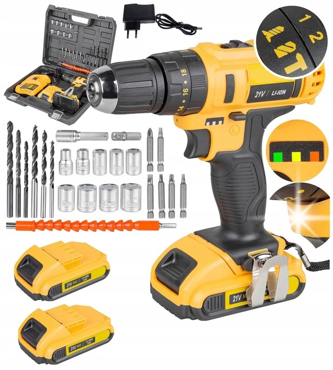 21V WIERTARKO WKRĘTARKA AKUMULATOROWA WALIZKA NASADKI BITY LED WALIZKA 2AKU