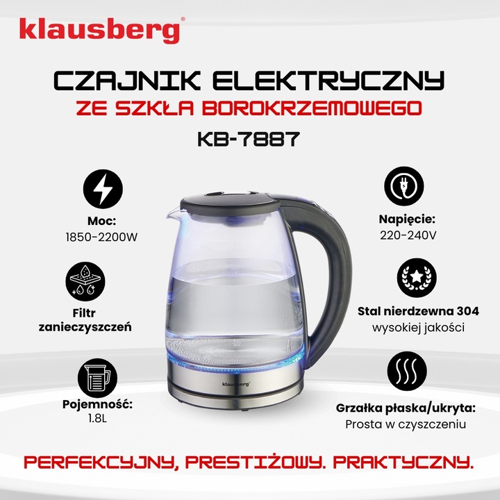 Czajnik elektryczny szklany Regulacja Temp. Klausberg KB-7887 1.8L LED LCD
