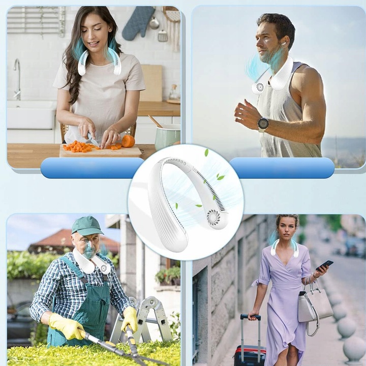 PRZENOŚNY WENTYLATOR WIATRAK NA SZYJĘ USB TRZY REGULOWANE PRĘDKOŚCI 3000mAh