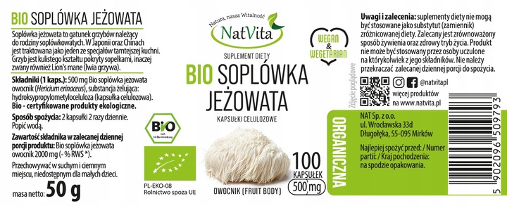 Soplówka Jeżowata BIO Pamięć Stres Ekologiczna 100 Kapsułek NatVita