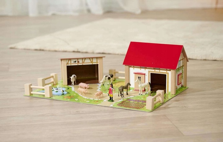 DUŻA DREWNIANA FARMA ZAGRODA + FIGURKI ZWIERZĄT KONIE ŚWINKI STAJNIA 25 EL.
