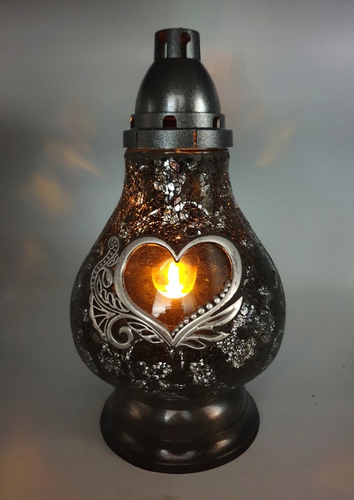 Znicz Szklany Karafka Witraż Mozaika Serce Czarno-Srebrny 38cm Lampion
