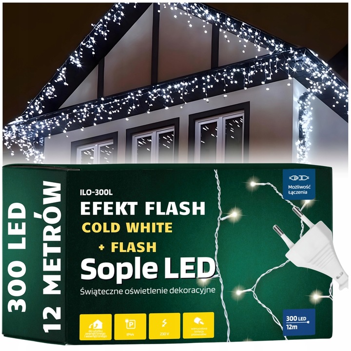 SOPLE ZEWNĘTRZNE IP44 LAMPKI LED ŚWIĄTECZNE 300LED 12M FLASH GRUBE PRZEWODY