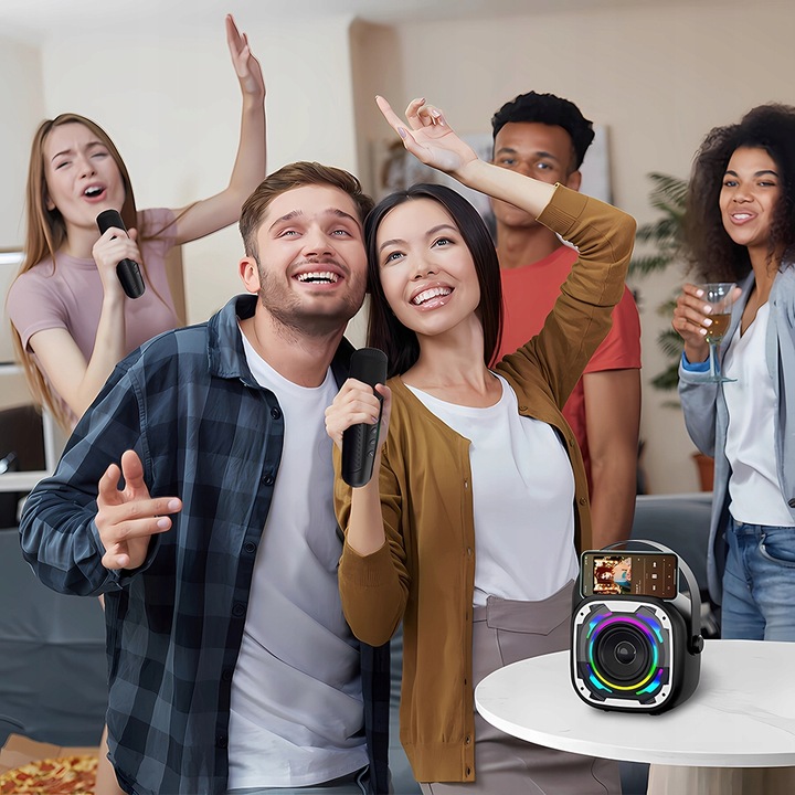 ZESTAW KARAOKE Z 2 MIKROFONY BEZPRZEWODOWE GŁOŚNIK BLUETOOTH LED KOLOROWA
