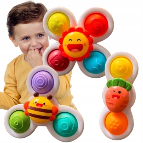 3x FIDGET SPINNER Z PRZYSSAWKĄ SENSORYCZNĄ KĄPIEL PREZENT GRZECHOTKA ZESTAW