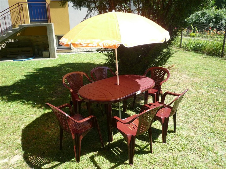 ZESTAW BORDOWY MEBLE OGRODOWE MEBLI OGRODOWYCH 6+1 KRZESŁA STÓŁ PARASOL