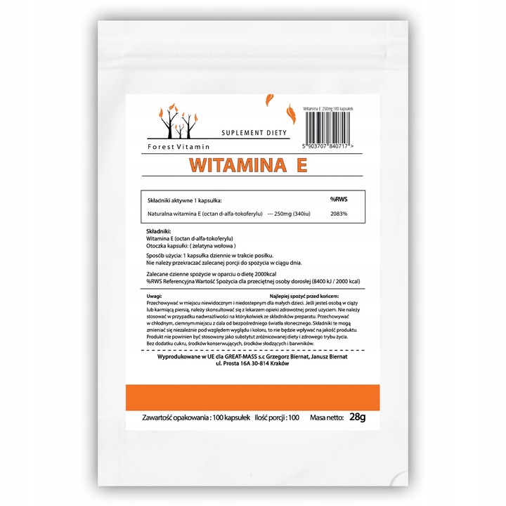 WITAMINA E FORMA NATURALNA ZDROWIE MŁODOŚĆ 100 kaps TOKOFEROL