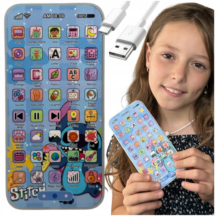 INTERAKTYWNY TELFON STICH DLA DZIECI USB C ŁADOWANY DŹWIĘKI NAUKA ZABAWKOWY