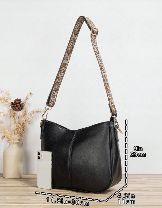 Torebka Damska Czarna Elegancka Pojemna na Ramię Pasek Brązowy