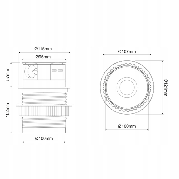 TETRA BOX gniazdo meblowe wpuszczane w blat 3xgniazdo 2xUSB kolor aluminium