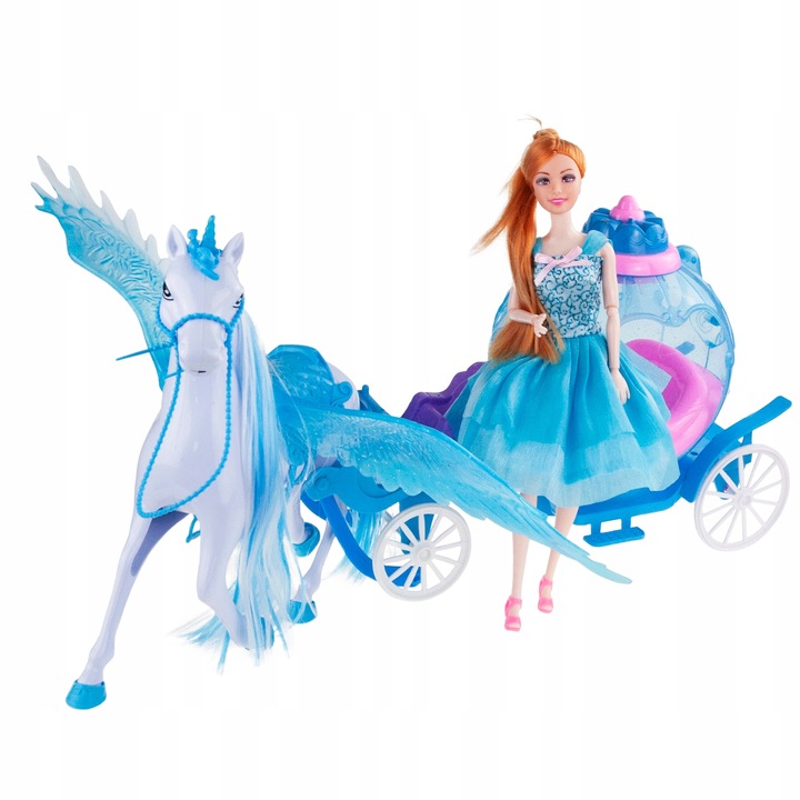 KARETA DLA LALKI Z PEGAZEM JEDNOROŻCEM I LALKĄ KAROCA LODOWA KRAINA