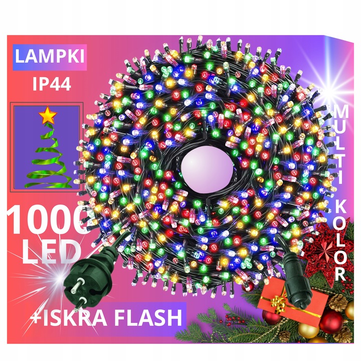 LAMPKI CHOINKOWE 1000 LED STAŁE + FLASH ZEWNĘTRZNE BŁYSK IP44 MULTIKOLOR