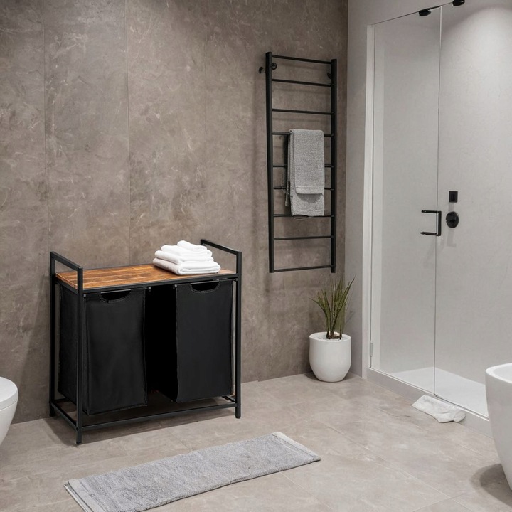 KOSZ na pranie bieliznę METALOWY LOFTOWY z półką PODWÓJNY pojemnik 80L