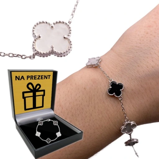 BRANSOLETKA Srebrna Damska SREBRO pr.925 Koniczyna Onyks Perłowa Koniczynka