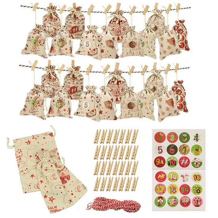 KALENDARZ ADWENTOWY dla DZIECI wiszący WORECZKI 12/16 cm DIY ZESTAW 73 el.
