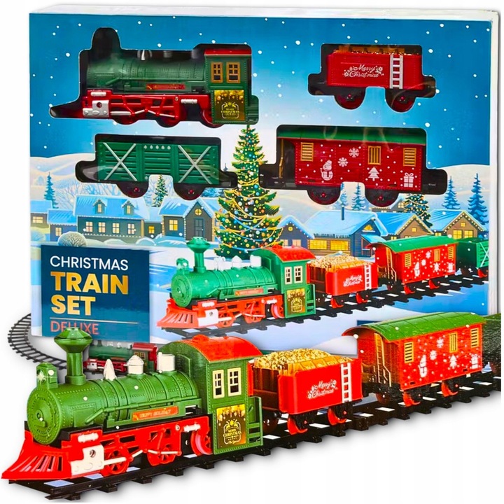 KOLEJKA ELEKTRYCZNA DELUXE ŚWIĄTECZNA Z OŚWIETLENIEM DŹWIĘKIEM POD CHOINKĘ