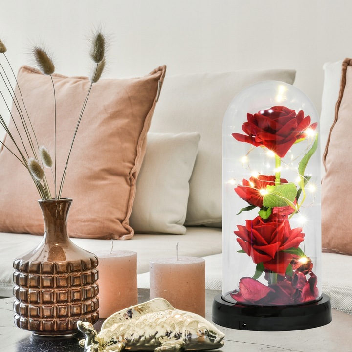 WIECZNA RÓŻA W SZKLE PREZENT NA WALENTYNKI ŚWIECĄCA LED BATERIE + PUDEŁKO