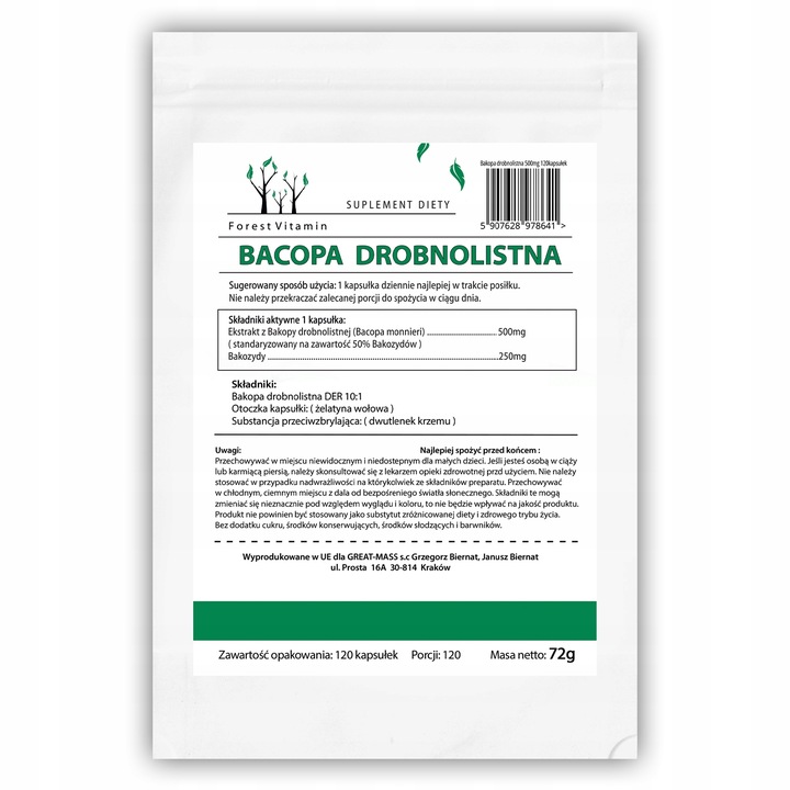 BACOPA MONNIERI BRAHMI 500mg PAMIĘĆ BAKOPA 120 k