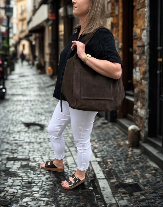 Czekoladowa zamszowa torebka shopper worek XL ZAMSZ NATURALNY Vera Pelle A4