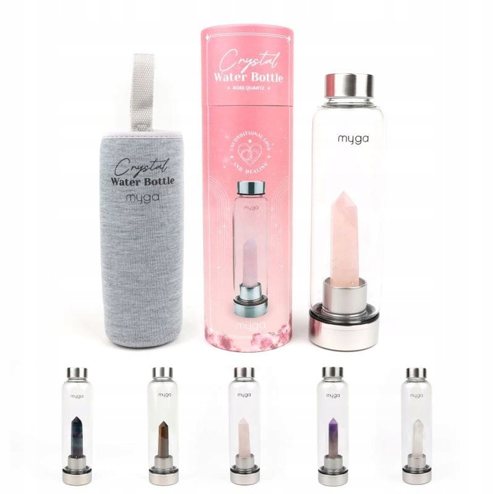 Szklana butelka na wodę myga z różowym kwarcem 500ml