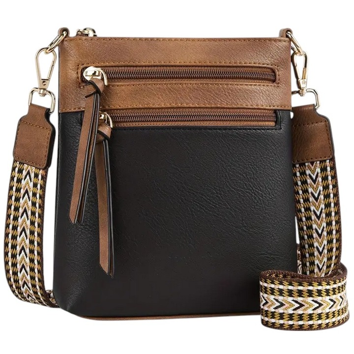 Torebka Damska CZARNA BRĄZOWA Listonoszka Pojemna na Ramię Pasek kolorowy