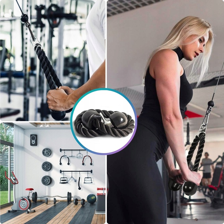 SZNUR UCHWYT DO WYCIĄGU LINA NA TRICEPS MASYWNA I SOLIDNA Z KARABIŃCZYKIEM