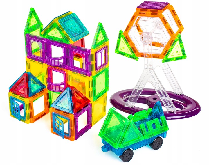 KLOCKI MAGNETYCZNE 3D budynki pojazdy podwozie ZESTAW Magnetic Tiles 80 el.