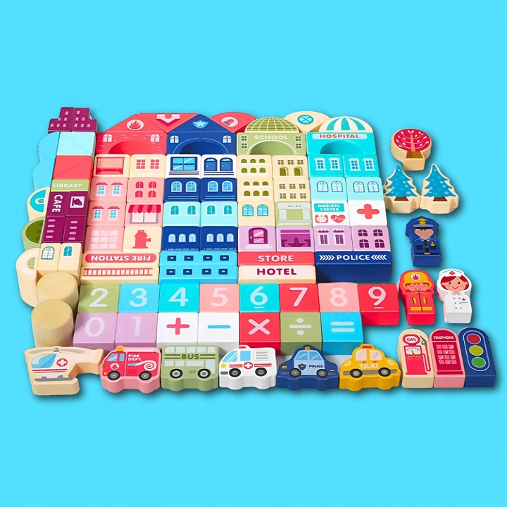 DREWNIANE KLOCKI ZESTAW DROGA MIASTO AUTA 115 ELEMENTÓW MATA PUZZLE