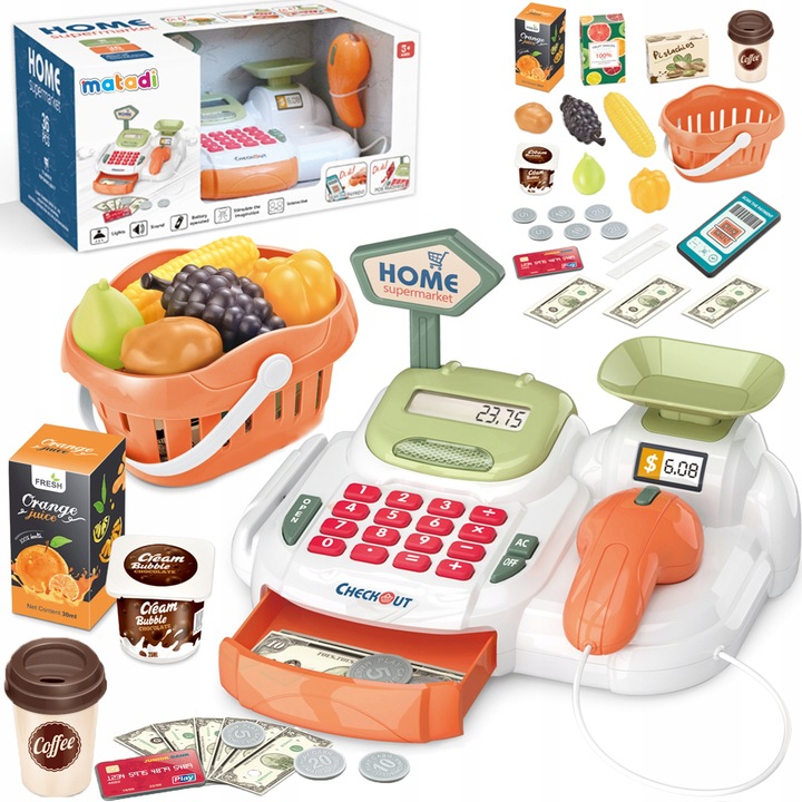 DUŻA KASA FISKALNA Sklepowa DLA DZIECI KALKULATOR Skaner KOSZYK MATADI AKC