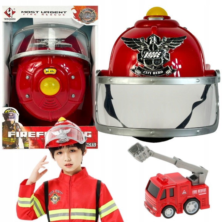KASK STRAŻACKI Z DŹWIĘKAMI ŚWIATŁEM HEŁM STRAŻAKA DZIECI SYGNAŁ + AUTKO