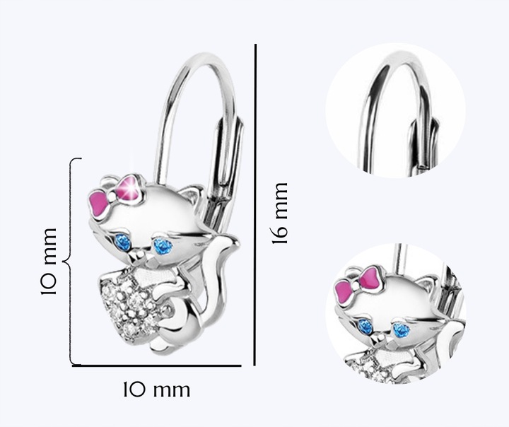 Kolczyki srebrne 925 kotki z kokardką dla dziewczynki chrzest/komunia