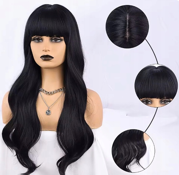 PERUKA DAMSKA WŁOSY DŁUGIE CZARNE FALE SZTUCZNE SYNTETYCZNE 65 CM Z GRZYWKĄ