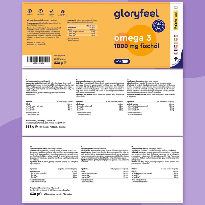 OMEGA 3 DHA EPA W WYSOKICH DAWKACH 1000mg na dawkę 400 kapsułek gloryfeel