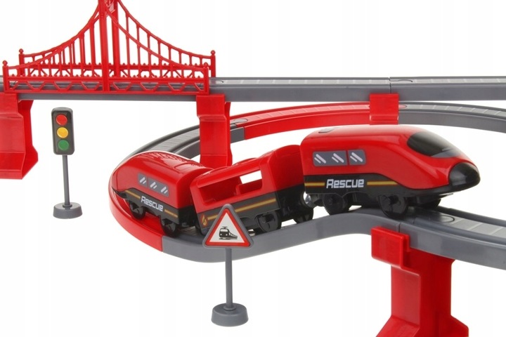 KOLEJKA ELEKTRYCZNA TORY POJAZDY MOSTY DOMKI POCIĄG WAGONY 92 elementów