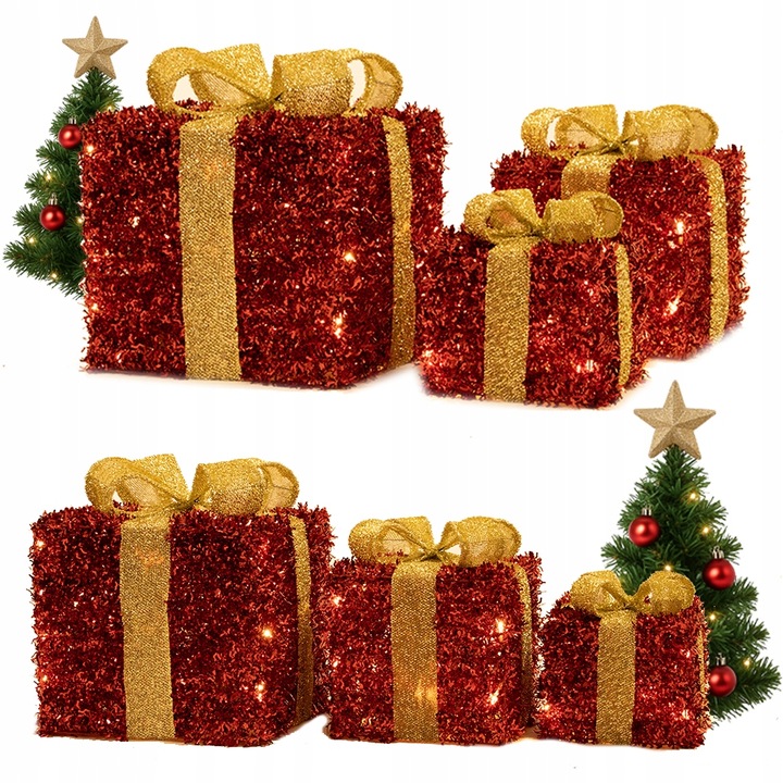 Świąteczne Pudełka Prezenty LED 3 szt. Dekoracja Boże Narodzenie Czerwone