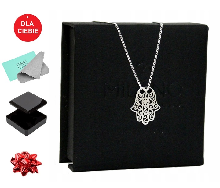 NASZYJNIK SREBRNY łańcuszek z zawieszką HAMSA RĘKA FATIMY CELEBRYTKA 45 cm