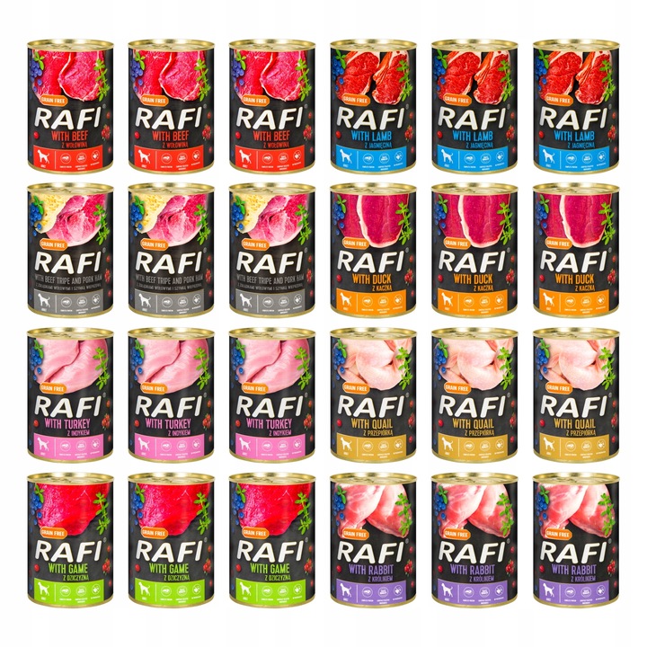 Karma mokra dla psów RAFI puszki MIX 4 SMAKÓW 24x400g