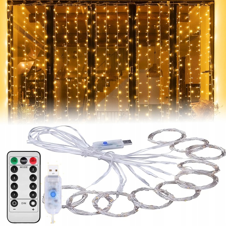 KURTYNA ŚWIETLNA Z 300 LAMPKAMI LED DO DEKORACJI POKOJU I OKNA