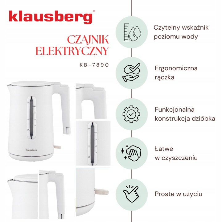 Czajnik elektryczny Klausberg KB-7890 1.7L stal 304 biały filtr 2200W