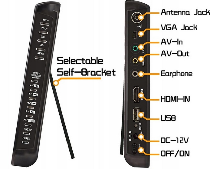 TELEWIZOR PRZENOŚNY 10" 12V/24V/230V DVB-T2 KAMPER