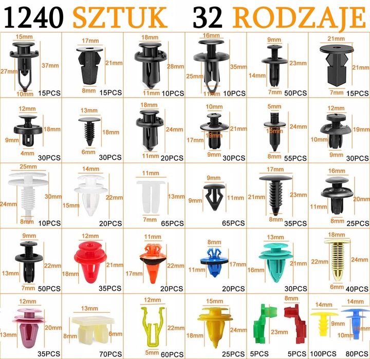 1240 SZTUK SPINKI KLIPSY KOŁKI DO AUTA TAPICERKI SAMOCHODOWE 5x NARZĘDZIA