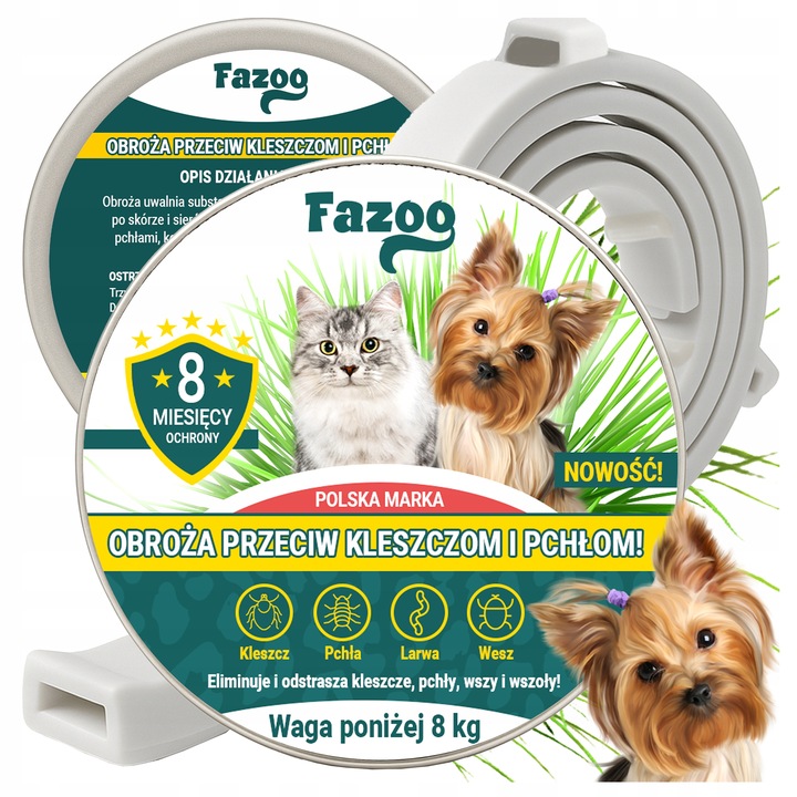 OBROŻA NA KLESZCZE i Pchły dla Psa Kota Antykleszczowa 8 Miesięcy Fazoo