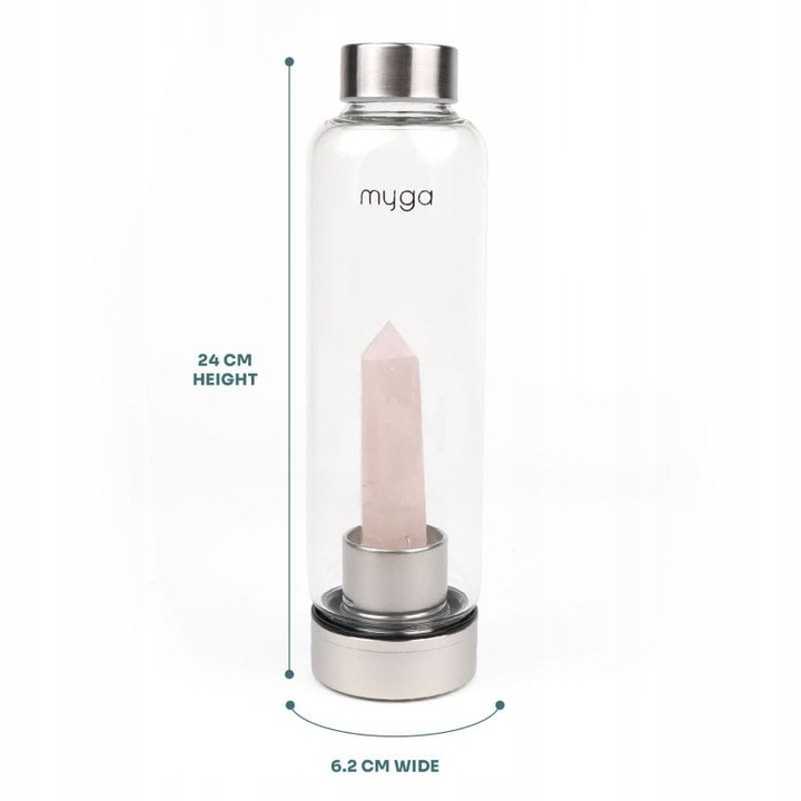 Szklana butelka na wodę myga z różowym kwarcem 500ml