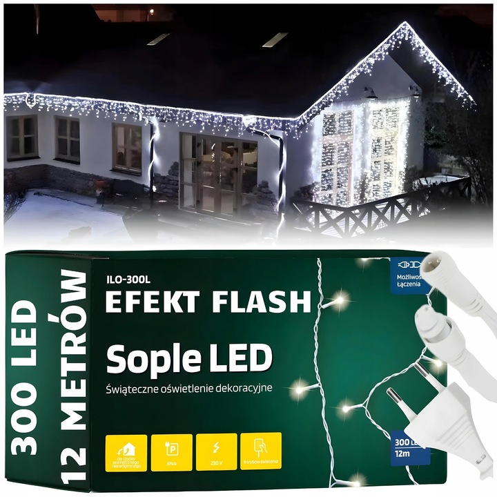 Lampki zewnętrzne świąteczne sople 300 led z efektem flash flesz światełka