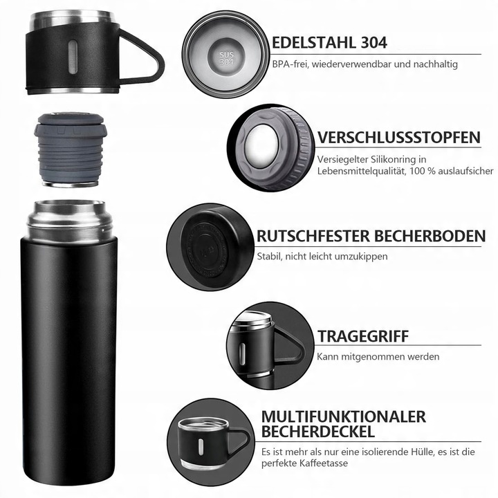 Termos Kubek DO KAWY HERBATY z dzióbkiem VACUUM LOCK STALOWY CZARNY