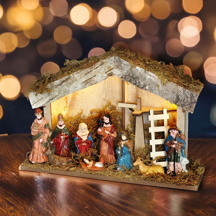 Szopka drewniana LED z podświetleniem, 6x LED, timer, 27x17cm, multikolor