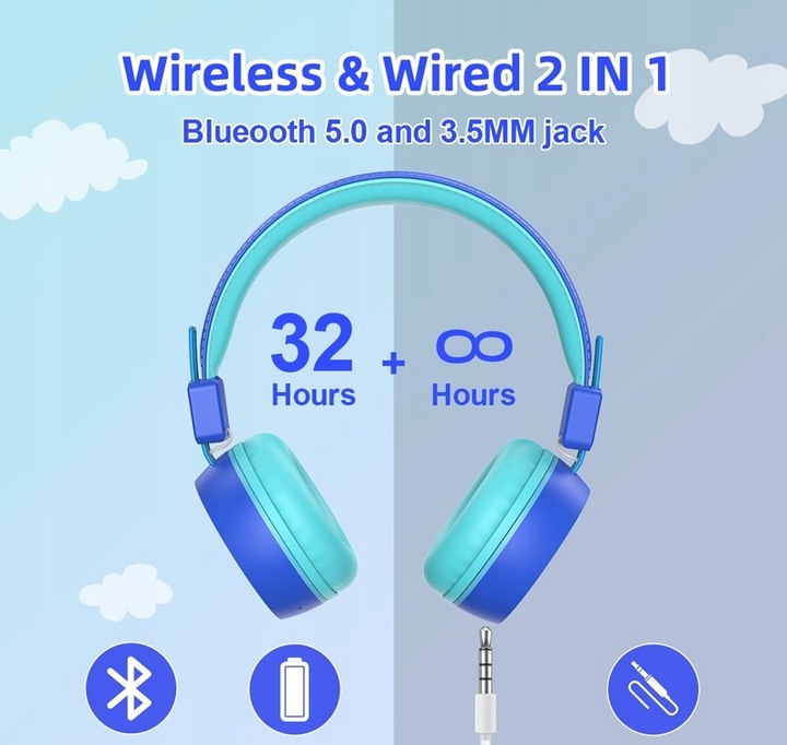 SŁUCHAWKI DLA DZIECI NEW BEE KH22B BEZPRZEWODOWE SKŁADANE LED BLUETOOTH 32h